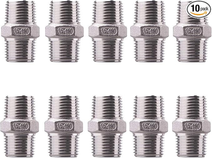 Hex Nipple 1/2 Inch Male NPT - DERPIPE Stainless Steel 304 Threaded Pipe Fitting for Brew Kit, Home Piping Application(Pack of 10)