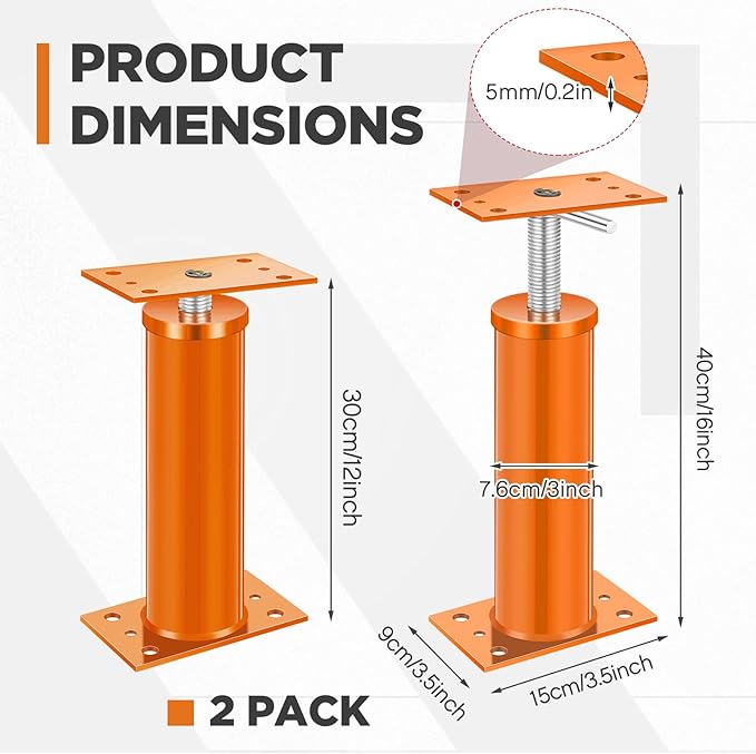 2 Pcs House Jacks for Leveling, Adjustable Jack Post 12"-16" Basement Floor Jack, Supports Stabilizer Screw Jacks for House Foundation, Stairs, Porches, Roof Beams, Load Capacity 11023 Lbs