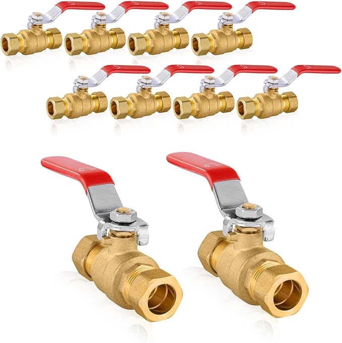 10 PCs HeSun Compression Ball Valve, 1/2'' Compression Brass Full Port Shut-off Valve, 600 WOG (Water, Oil and Gas), Red(VALVE115)
