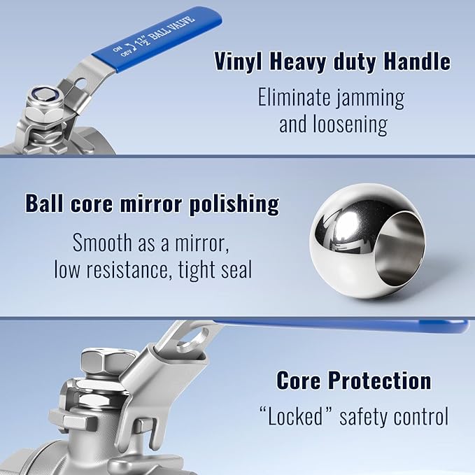 2 Pack 1.5" Ball Valves NPT Female Valve 304 Stainless Steel Full Port Locking Ball Valve Handle, Heavy Duty Shut Off Valve for Home and Industrial (1.5 Inch)
