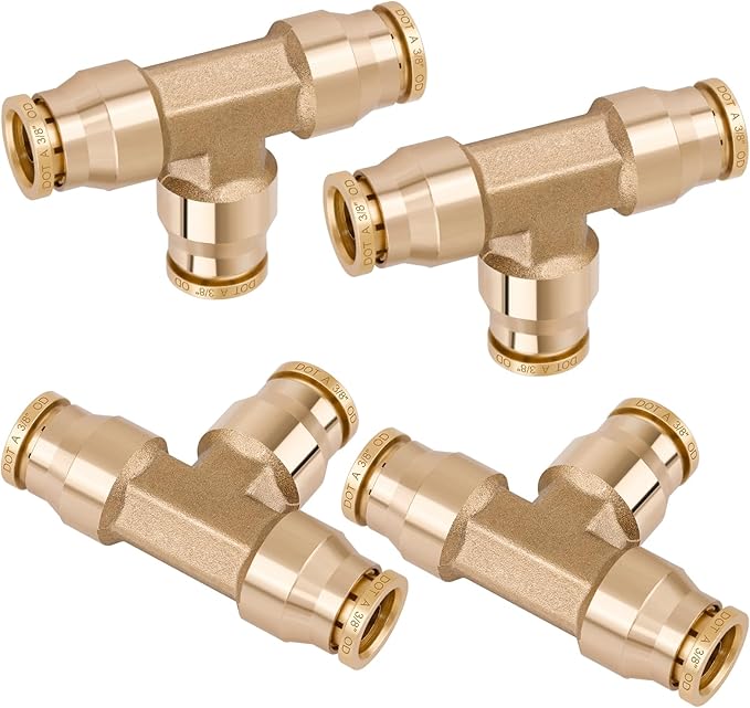 4PCS 3/8" Tee Union DOT Air Fittings，3 Way Tube Air Line Adapter Quick Push to Connect Fittings Brass Union Tee for Car Truck Trailers and Air Brake System