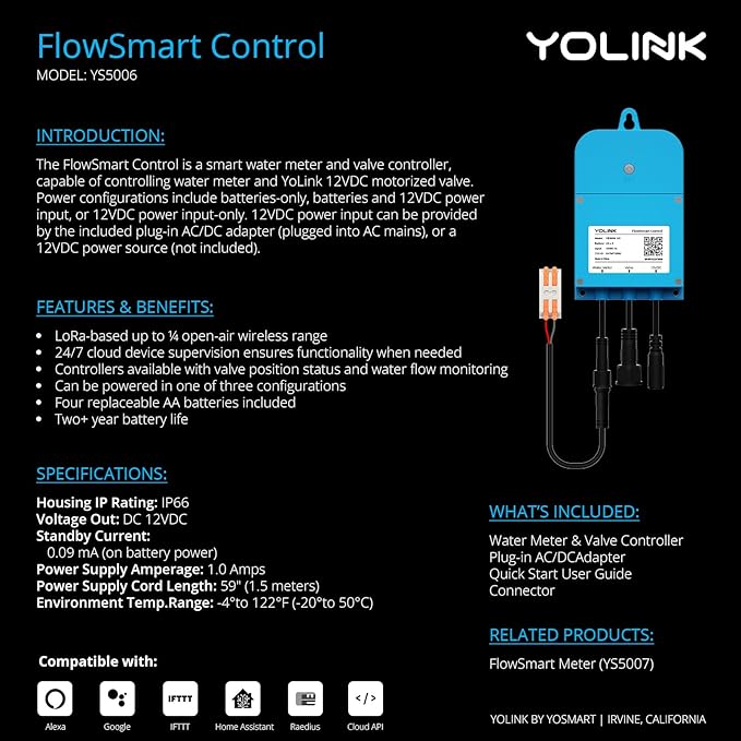 NSF Certified Pulse Meter + Shutoff Valve Kit, 1/2", FlowSmart Controller YS5006 Reads Meter Pulses, Real-Time Usage & Leak Detection, Auto Shutoff (D2D Offline), LoRa Long Range, Hub Included