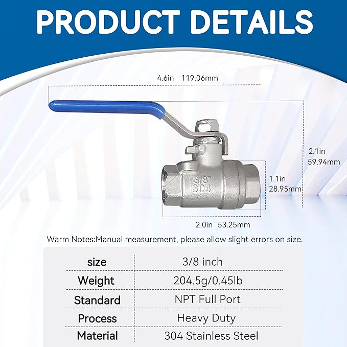 2 Pack Full Port Ball Valve 3/8 NPT 304 Stainless Steel 2 - chip ball valve Female Heavy Duty WOG1000 for Water，Oil，Gas with Locking Devic (3/8”, 2)