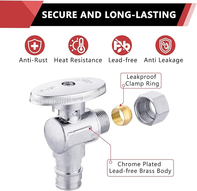 100 PCS EFIELD Stop Valve Pex-a 1/4 Turn Angle 3/8" OD Compression X 1/2" Expansion (F1960), Chrome Plated Brass,(VALVE094-100PCS)