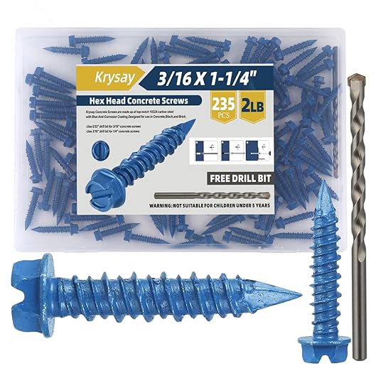 235Pcs 3/16 x 1-1/4 in Concrete Screws with Drill bits,Masonry Screws for Concrete Assortment Kit,Hex Head Block Cement Stacoo Screws and Anchors,Diamond Point,Blue Coated(2LB)