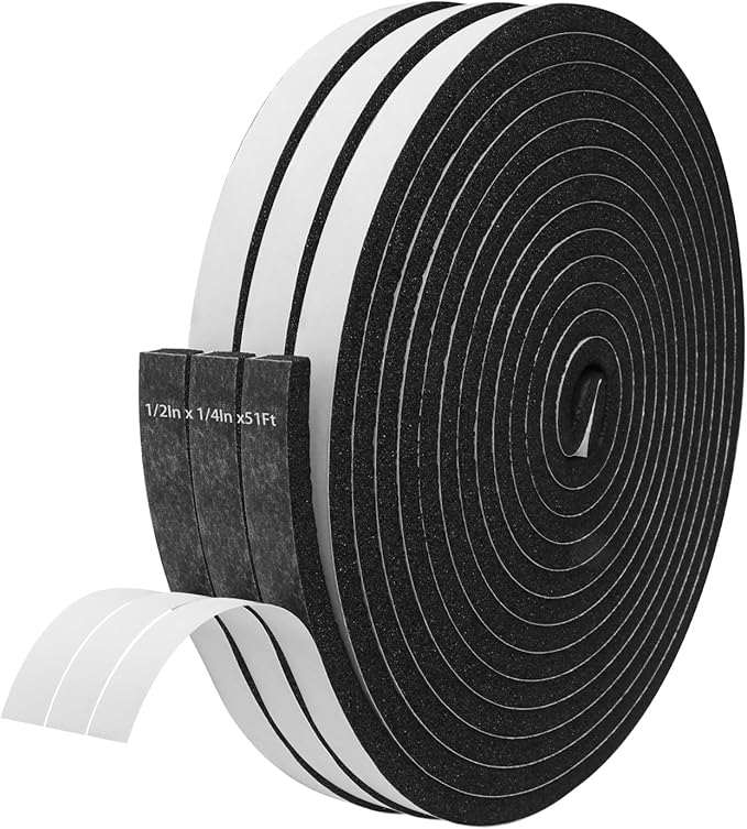 Storystore Foam Insulation Tape Self Adhesive, 1/2In x 1/4In x51Ft Weather Stripping for Doors and Windows, Sound Proof Soundproofing Door Seal, Weatherstrip, Air Conditioning Seal Strip