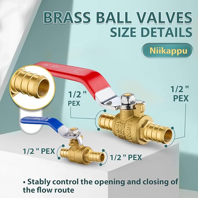 50 Pack Ball Valves, 1/2" Pex Crimp Shut Off Valve, Brass Full Port Pex B Shut Off Ball Valve for Hot and Cold Water, NSF/ANSI 61 Certified
