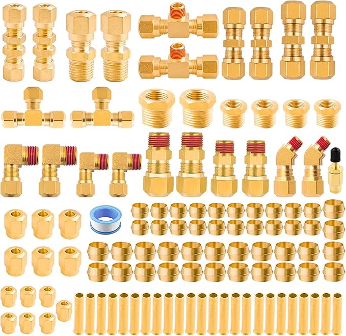 111Pcs Brass DOT Air Brake Line Fittings Assortment - 1/4" 1/8" 3/8" 1/2" Quick Connect Hose Fittings for Truck or Industrial System - Compression Nylon Tubing Repair Kit