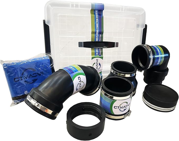 RV PVC Sewer Kit - 7-Piece Complete Connection Set with Gate Valve & Storage Box, 3" Fittings, 3-in-1 Cleanout Adapter, Leak-Proof Camper Waste Plumbing Adapter