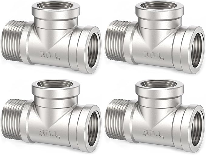 ChillWaves 304 Stainless Steel Pipe Fitting, Male Run Tee 3/8" NPT Female x 3/8" NPT Female x 3/8" NPT Male Thread Adapter(4-PACK)