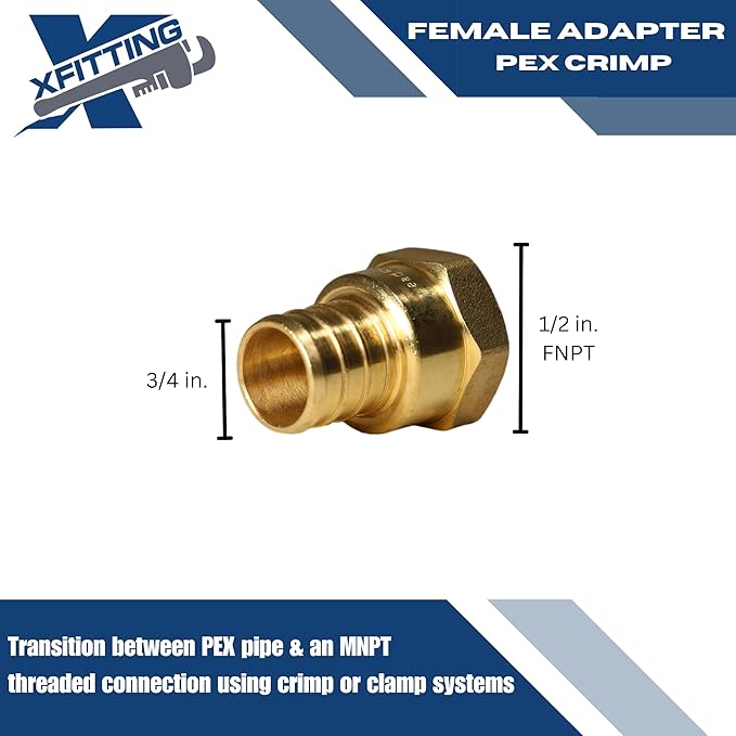 XFITTING 3/4 inch Pex x 1/2 inch Female NPT Threaded Adapter, Pex B Crimp Female Adapter, Brass, Full Port, 2 Pieces