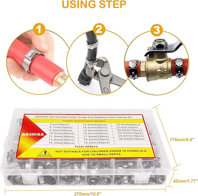 AKIHISA 420Pcs 20 sizes Single Ear Hose Clamps, 7-28.6mm 304 Stainless Steel Pex Crimp Rings Kit, Crimp Hose Clamp Assortment Set for Securing Pipe Hoses and Automotive Use