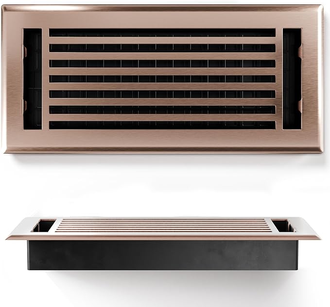 Floor Register 4x10 Vent Cover – 2 Pack – Heavy-Duty Steel, Rustproof & Walkable Grates, Drop-in Install, Adjustable Air Supply Switch - Decorative Straight Line Design, Satin Bronze