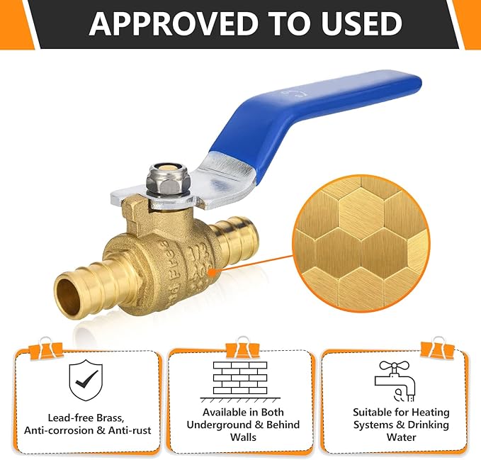 40-PCs HeSun PEX Ball Valves, 1/2-Inch Brass Crimp Pex Valve for Hot and Cold Water, 1/4 Turn Full Port Shut-off, ASTM F1807, Blue(VALVE009-40)