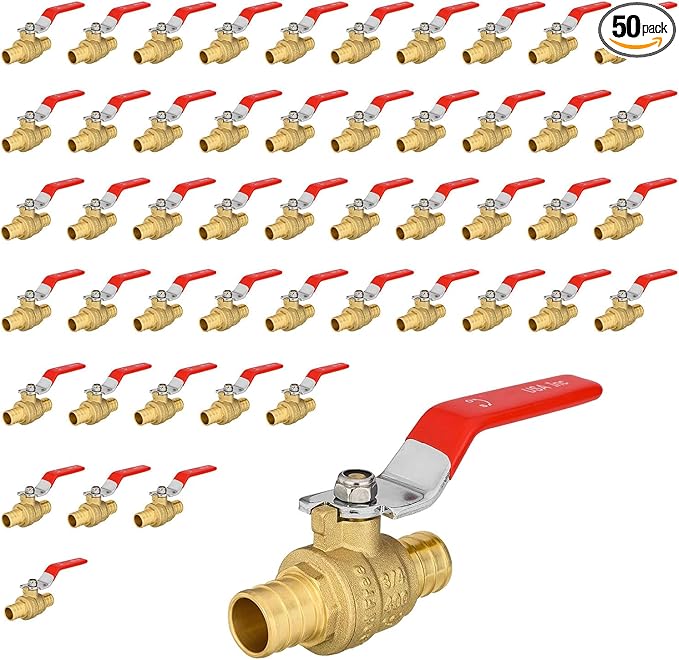 50 Pack Ball Valves, 3/4" Pex Crimp Shut Off Valve Red, Brass Full Port Pex B Shut Off Ball Valve for Hot and Cold Water, NSF/ANSI 61 Certified