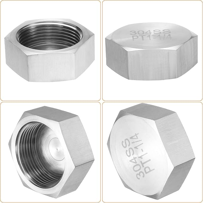 uxcell 1pcs Hex End Cap 304 Stainless Steel Nut with Washer, PT 1-1/4" Female Thread Pipe Fitting, Gas Line Water Line Stop Valve Cap Tubing Ends for Plumbing Fittings, Silver Tone