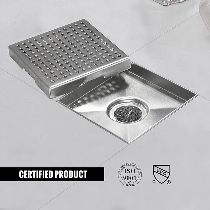 Square Shower Drain, Shower Drain 6 inch with Removable Grate Cover, Corrosion Resistant AISI 304 Stainless Steel Shower Floor Drain with Hair Catcher
