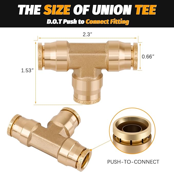1/2" Tee Union DOT Air Fittings, Quick Push to Connect Fittings Brass Union Tee, 4PCS DOT Approved Air Brake Line Fittings for Trucks Trailers and Industrial Use