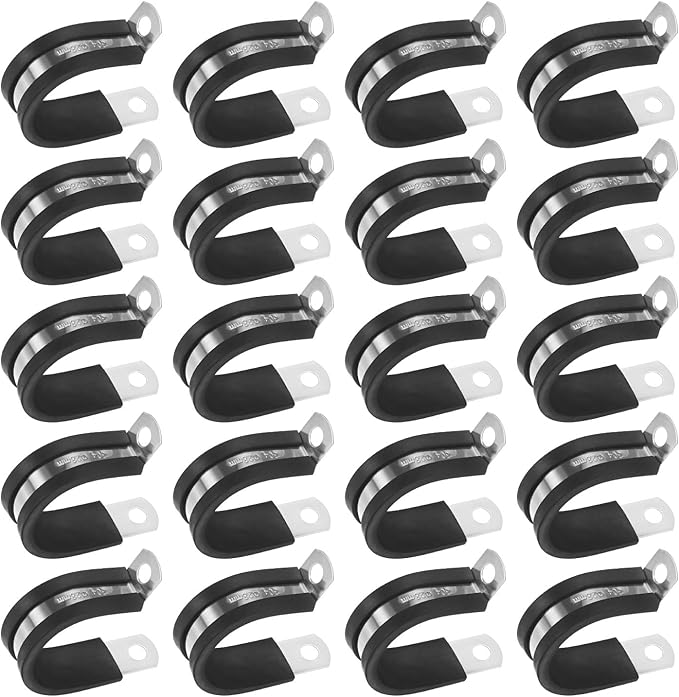 20-Pack Cable Clamps, 1-3/32 Inch/ 28 mm 304 Stainless Steel Rubber Cushioned Insulated Cable Clamp R Shape Metal Holder for Tube/Wire/Pipe/Loop Installation