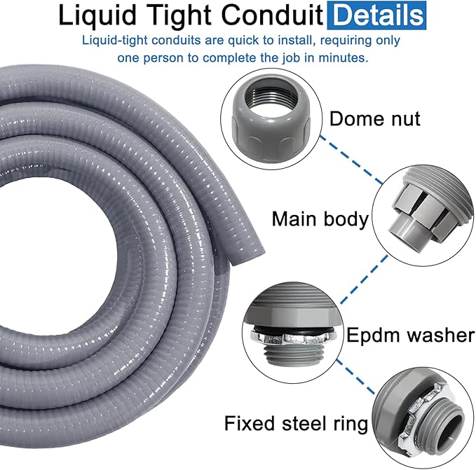 Liquid-Tight Conduit 100 ft and 8 Pieces of Connector Kit,Electrical Conduit 3/4 100ft UL Certification,Flexible Conduit with 5 Straight and 5 90-Degree Conduit Connector Fittings