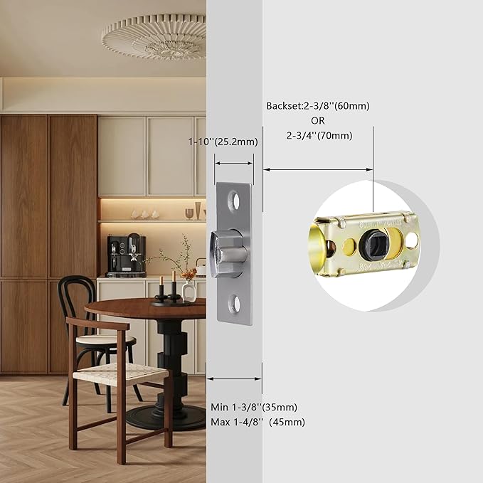 Adjustable Deadlatch Size 60/70mm 45°Turning Angle Square Hole 7.6mm Suitable for Keyed Entry Door Knob/Handle, Door Lock Replacement Parts with Door Strike Plate, Satin Nickel