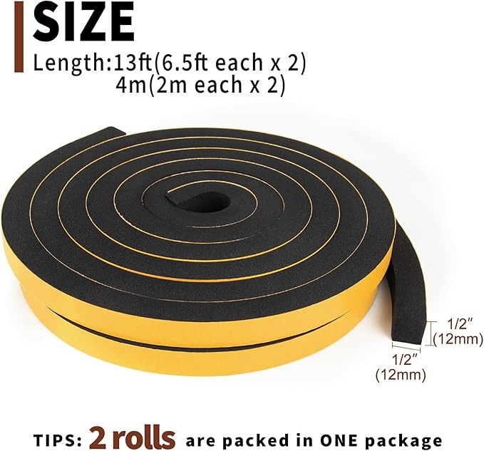 Yotache Self Adhesive Foam Gasket Tape 2 Rolls 1/2" W X 1/2" T (New Adhesive Craft) for Doors Soundproofing Weather Seal Strip Insulation, 13 Ft Length (2 X 6.5 Ft Each)