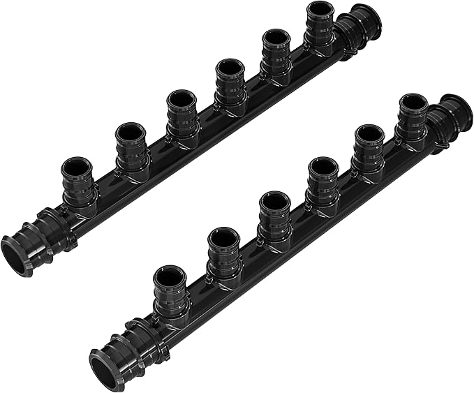 PEX A Manifold 6 Ports – 3/4" Trunk Ports, 1/2" Service Ports, Two Sides Open – Plastic PEX-A Expansion Manifold for Radiant Heating & Water Distribution – Pack of 2
