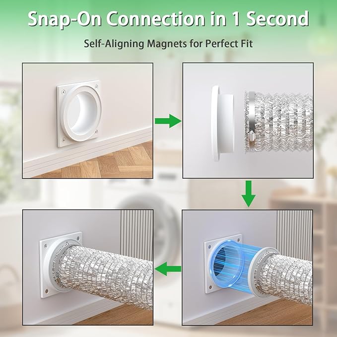 Magnetic Dryer Vent Connector -Quick Connect Coupling,ABS Rust-Proof Housing,Airtight 4" Kit for Tight Spaces-Laundry Room,Closet,Apartment-Quick Snap Installation,Easy Clean