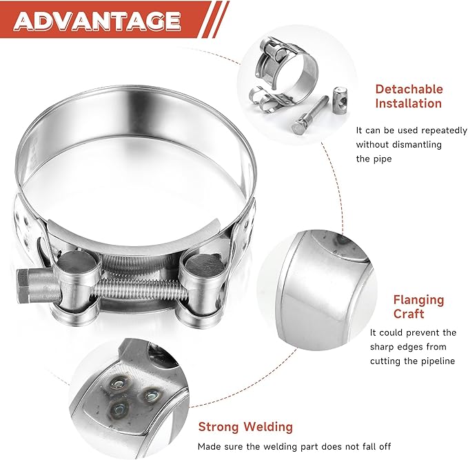 AKIHISA T-Bolt Hose Clamp,74-79mm OD Range 304 Stainless Steel Pipe Strap Clamp, Adjustable Heavy Duty Tube Clamp (2Pack, 2.91" to 3.11")