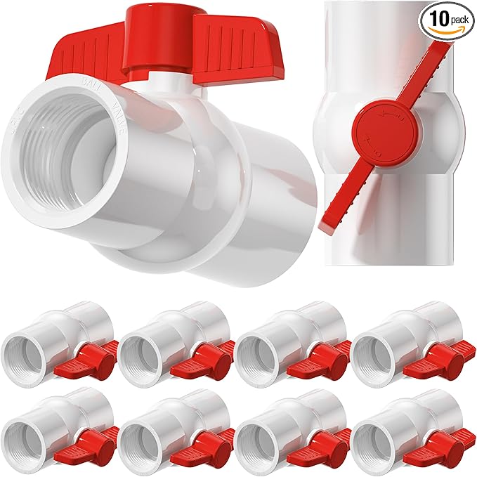 10PCS 1" NPT PVC Ball Valve, SCH40 PVC Water Pipe Valves Threaded, Red T Handle Water Shut-Off Ball Valve, Shut Off Valves Socket for Water Project, Swimming Pool, Sprinkler Lines, Irrigation System