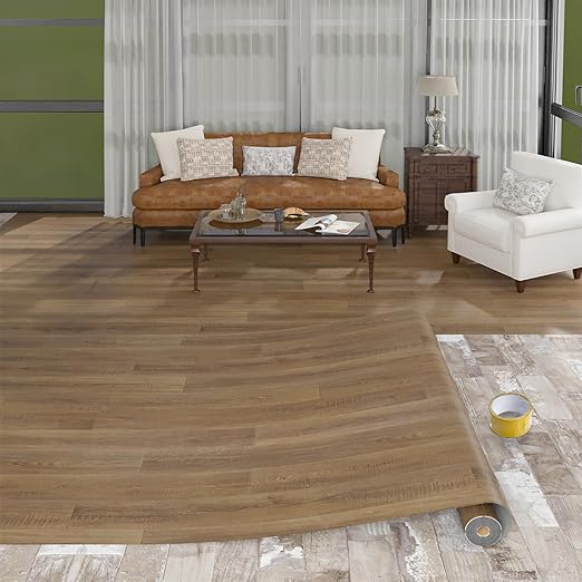 Freshtour Vinyl Flooring Roll, Versatile Removable PET Leather-Like Floor Covering, Waterproof & Durable, Easy Tape Installation, Cost-Effective for Any Room, Nature Oak/ 53.82 Sq.ft (39.3" x 197")