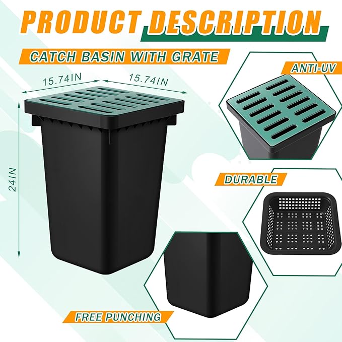 Catch Basin with Grate 15 x 15 × 24 Inch Square Large Catch Basin for Drainage with Debris Basket French Drain Without Reserved Hole for Yard, Downspout, Lawn, Municipal Pipeline