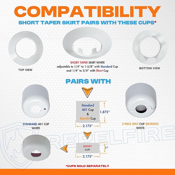 Fire Sprinkler Escutcheon Skirt, Short TAPER Escutcheon Pendant Skirt White, Works with Standard 401 Style Cup, Short Cup, and Retrofit 2 Piece Cup, Fire Sprinkler Skirt - 4 PK