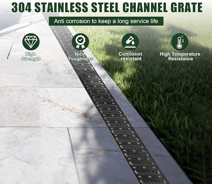 Channel Drain with 304 Stainless Steel Grate-39.4Lx6.1Wx5.5H in. Deep Profile Trench Drain System for Landscaping,Anti Corrosion A15 Drainage System with Metal Grate for Patio Commercial