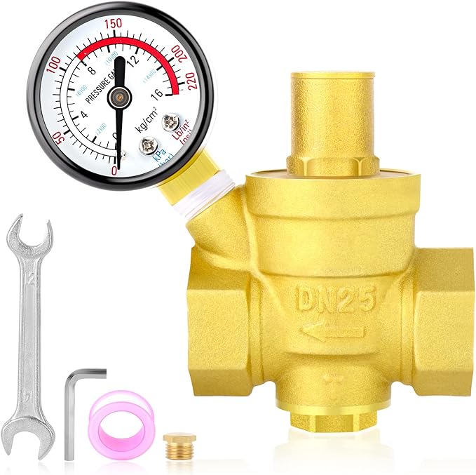 MEANLIN MEASURE 1 inch brass Water pressure regulating valve, pressure regulating valve, pressure reducing valve, DN25, with 0-220PSI pressure gauge