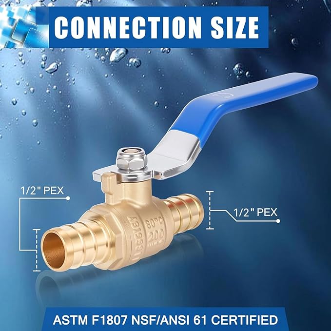 F1807 1/2" Pex Ball Valve, Brass Full Port Water Shut Off Ball Valve for Hot and Cold Water (2-Pack), UPC Certified