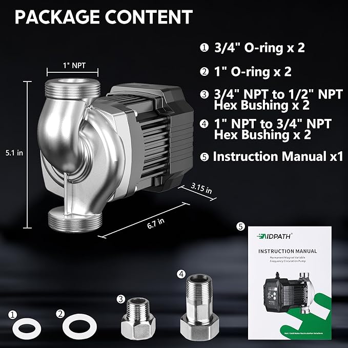 10.1 GPM 1/16 HP Smart Hot Water Circulation/Recirculating Pump with Constant & Variable Speed Operation for Hydronic Heating/Domestic Hot Water Recirculation System, Fits 1" 3/4" 1/2"NPT Pipe