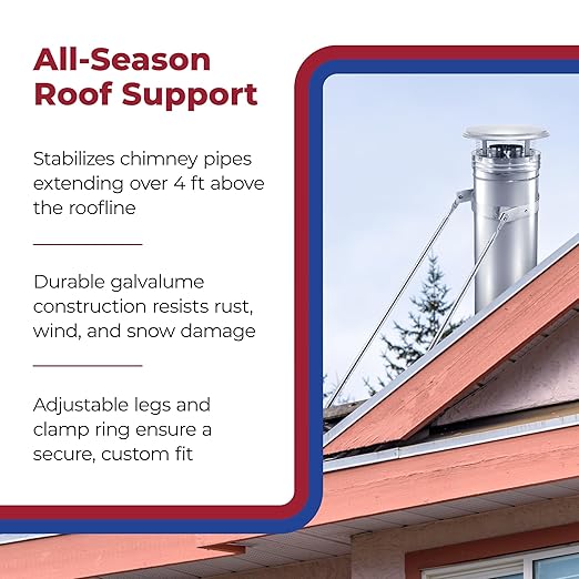 DuraVent DuraPlus 8 Inch Extended Roof Bracket Chimney Stove Pipe Support for Stability, with Mounting Brackets and Adjustable Legs, Silver