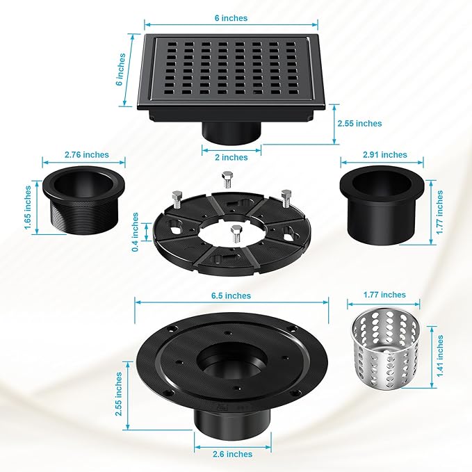 6 Inch Square Shower Floor Drain with Removable Cover Grid Grate, SUS 304 Stainless Steel, Watermark&CUPC Certified, Chrome Finishedt (Black, 6 in)