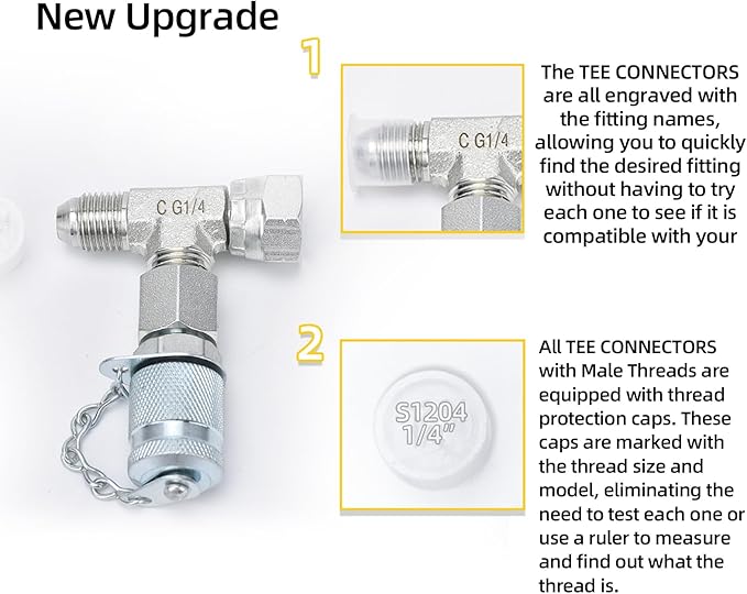 14Pcs Tee Fittings Connector Set - Hydraulic Fitting Tee Kit Include JIC37 and JIS30 Test Fittings, for Excavators and Construction Machinery Hydraulic Systems