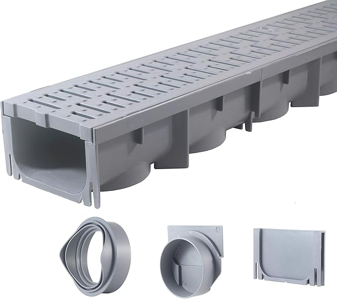 URA WATER - Model UA-100 - Drainage Trench Set - Channel Drain With Grate - Gray Plastic Plastic - 1 x 39" Long