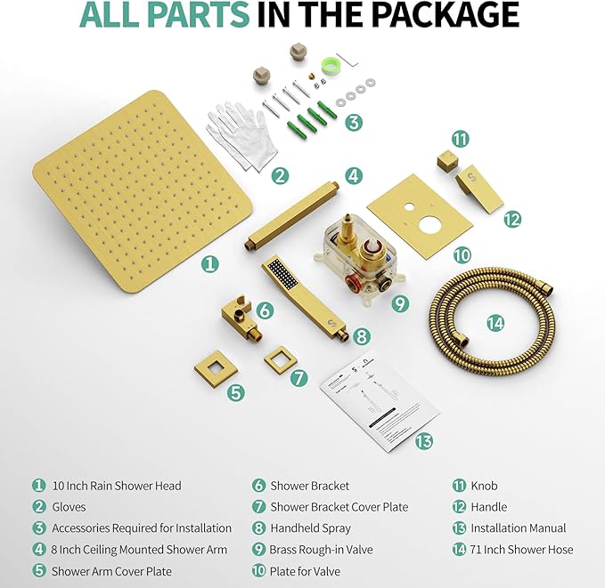 SR SUN RISE 12 Inch Ceiling Mounted Shower System Rain Mixer Shower Combo Set Rainfall Shower Head System Brushed Gold Shower Faucet Trim Repair Kits with Shower Rough-in Valve Body and Trim