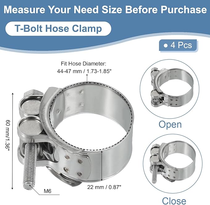 PATIKIL 44-47mm T-Bolt Hose Clamp, 4 Pack Intercooler Pipe Tube Clamps 304 Stainless Steel Radiator Hose Clamp for 1.73"-1.85" Pipe