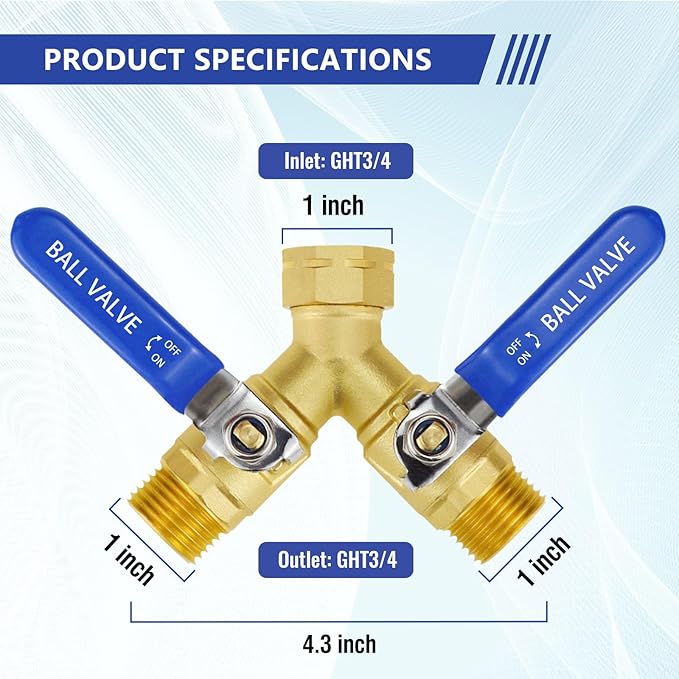 Brass Hose Splitter 2 Way Heavy Duty GHT 3/4 Garden Hose Y Splitter with Shut off Valves, Full Flow Hose Bib Splitters Dual Hose Diverter Connector for Outdoor Faucet/Water Spigot