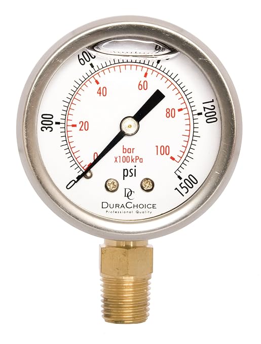 2" Oil Filled Pressure Gauge - Stainless Steel Case, Brass, 1/4" NPT, Lower Mount Connection, 0-1500PSI