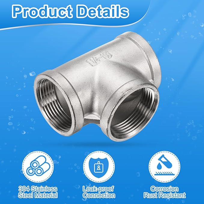 uxcell 304 Stainless Steel Tee Pipe Fittings G1-1/4" Female Tee Adapter 3 Way t Shaped Cast Pipe Fitting Connector with Seal Tape for Plumbing Drainage Pipes Heating Systems