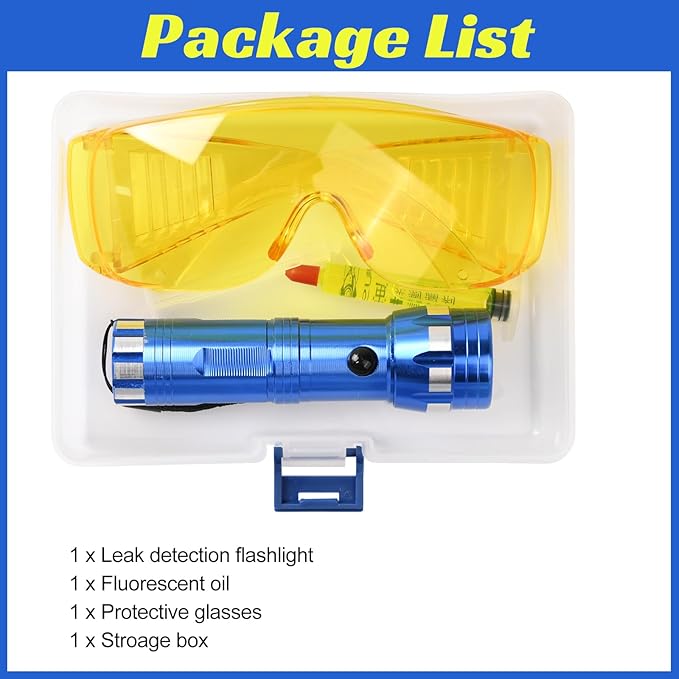 Car AC Leak Detector Kit, Professional Car Tool Automotive AC UV Dye Leak Detection Kit includes LED Flashlight and Fluorescent Protective Glasses with Box for Car Refrigerant Leak Detector Tool