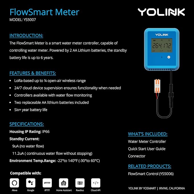 YoLink FlowSmart NSF Water Meter, Smart Water Usage Monitor and Water Leak Detection: 1.5 Inch Advanced Smart Home Water Meter, Hub Included