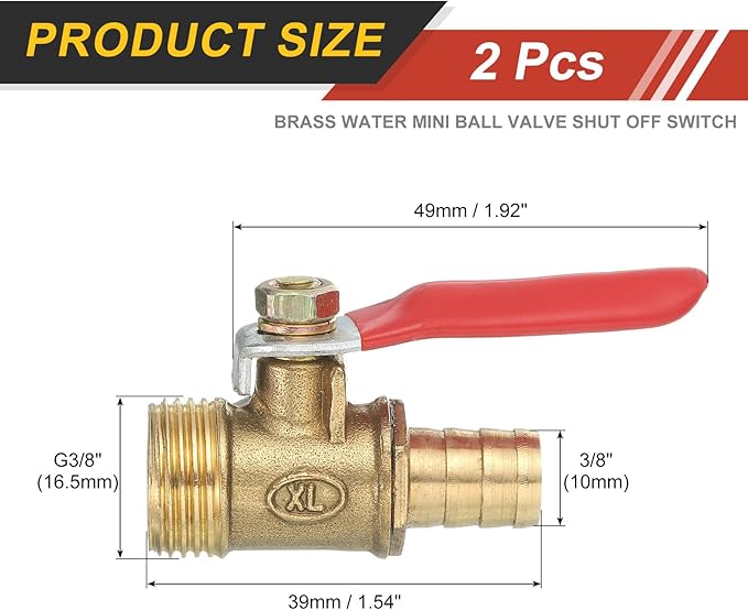 uxcell 2Pcs Brass Water Mini Ball Valve Shut Off Switch, G3/8" Male x 3/8" Hose Barb, 180 Degree Operation Handle, Brass Valve
