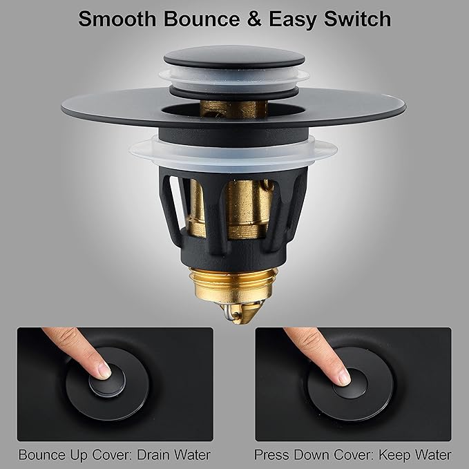 Universal 1.25" Bathroom Sink Stopper - Wash Basin Bounce Drain Filter, Pop Up Drain Stopper, Bullet Core Push Type Sink Stopper, Sink Drain Plug with Anti-Clogging Strainer, Matte Black1